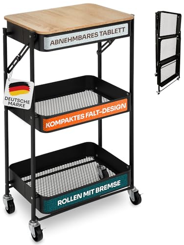 Gardissimo Rollwagen Plate klappbar mit abnehmbaren Tablett Küchenwagen mit 3 Ebenen, Metall Regal auf Rollen mit Griff für Küche, Badezimmer, Schlafzimmer, Büro, schwarz