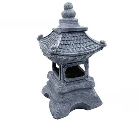 QOXEZY Estatua de jardín zen japonés alimentado por energía solar, farol de pagoda de resina con acabado de piedra gris con detalles de musgo para patio al aire libre y uso en paisajes