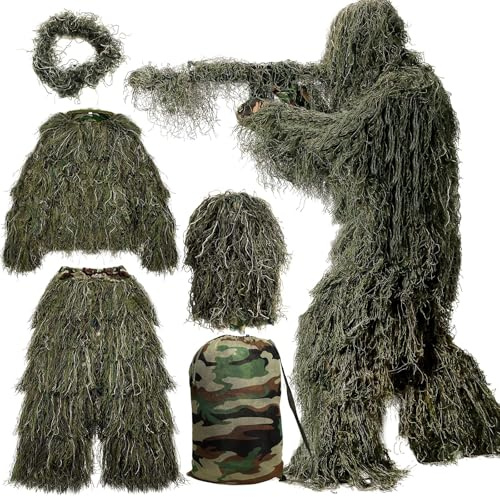 MOPHOTO Costume Ghillie 5 en 1, robe de chasse camouflage 3D, comprenant veste, pantalon, capuche, emballage pour fusil 5 en 1 (moyen ou grand), vert forêt