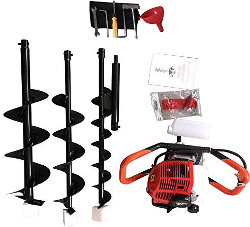 OU BEST CHOOSE Erdbohrer Benzin Erdlochbohrer, 52cc 2-Takt Erdbohrgerät Pfahlbohrer Bohrer Set, Zweitaktmotor mit 4 6 & 8 Bits