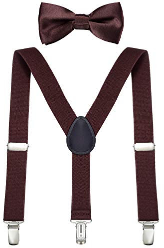 DonDon Jungen Hosenträger Fliegen Set dunkelbraun elastisch und längenverstellbar für Kinder von 1-8 Jahre Braun