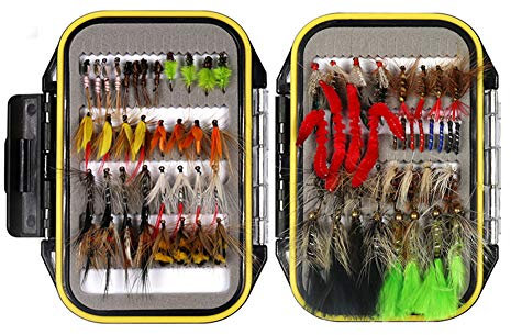Fliegenfischen Zubehör, RoseFlower Professional Trocken Angel-Fliegen Kunstköder Set Trockenfliegen Fliegenköder Fliegenfischen Köder Set mit Wasserdichte Box für Zander Bass Fischbarsch Lachs Forelle