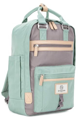 SEVENTEEN LONDON – Modern Urban Unisex Pastel Green & Grey 'Wimbledon' Backpack in a Classic Slim Simple Design – Fits Laptop up to 13”
