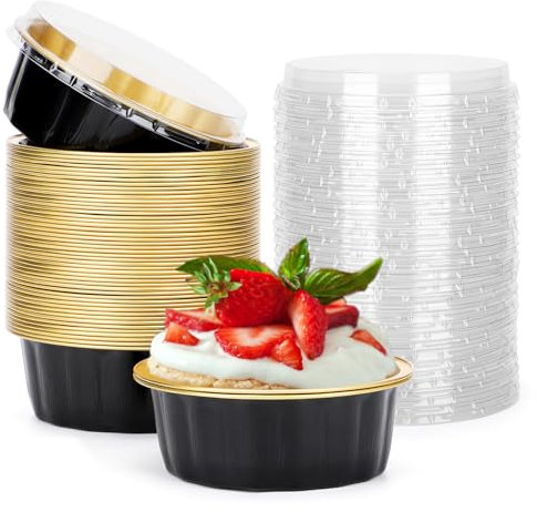Beasea Lot de 50 ramequins jetables avec couvercles, 236,8 g, en feuille d'aluminium, pour crème brûlée, muffins, cupcakes, pudding pour fête, mariage, anniversaire