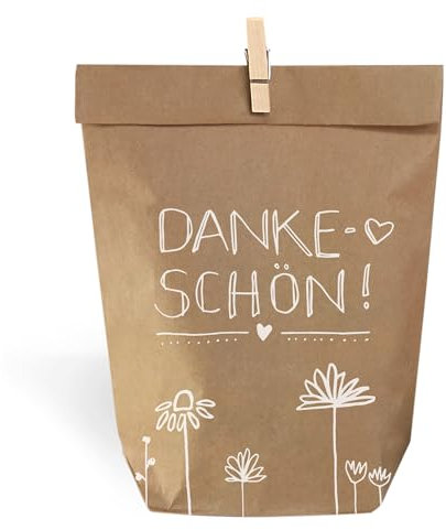 Eine der Guten Geschenktüten Set - Dankeschön, 24 gestempelte Kraftpapiertüten & Mini-Holzklämmerchen, Partytüten für Gastgeschenke, Mitgebsel, Giveaways zu Hochzeit, Taufe & Kommunion, 14 x 22 cm