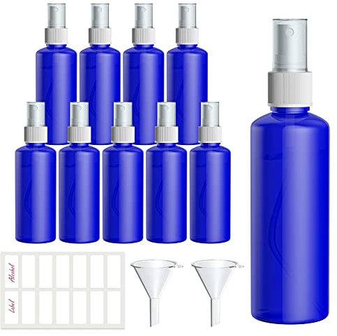 Qoosea Flaconi spray Flaconi da viaggio in plastica per nebbia piccola Set 10 pezzi Contenitori ricaricabili per atomizzatore liquido da 100 ml con 2 imbuti Etichette 1 foglio (Blu)
