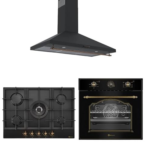 PACK-CONJUNTO3 COCINA NEGRO RÚSTICO ACABADOS DORADOS: (Placa gas 70 cm + horno eléctrico + campana extractora 90 cm)