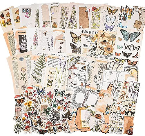 200 Stück Vintage Scrapbooking Papier Washi Stickers Set Aufkleber Scrapbook Zubehör Retro Bastelpapier Gras-Bäumeserie-Thema für DIY Journaling Fotoalbum Notizbuch Kalender