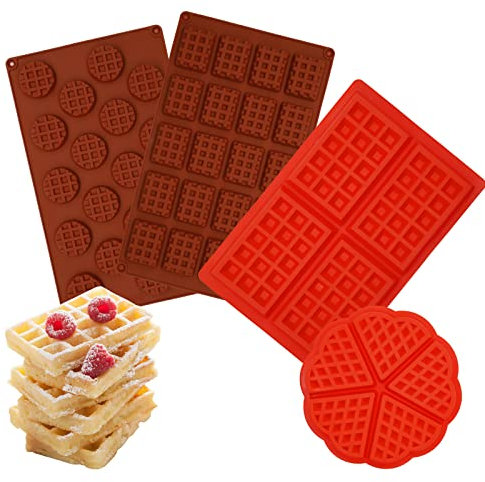 4 Stück Silikon-Waffelformen Rechteckig Rund Herz, antihaftbeschichtet Mini-Waffelbackform Muffinform, LIUCONGD Kuchen Schokolade Keks Süßigkeiten Gummibärchen Backformen DIY-Silikonform