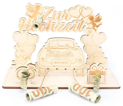 TGFIX Geldgeschenk zur Hochzeit Mr & Mrs Hochzeit Geschenke Kreative Holz Hochzeiten Gastgeschenk mit Braut und Bräutigam Amor Auto Herz Ringe Wein Torte für Hochzeitsgeschenke Tischdeko