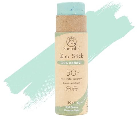 Stick Solar Mineral Zinc Natural FPS 50 Suntribe / 30 g, Verde Menta, Ecológico - 100 % Natural, Seguro para Arrecifes, Filtro UV Mineral - Muy Resistente al Agua - NUEVO