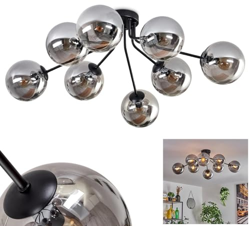 HOFSTEIN Deckenleuchte Gastor, Deckenlampe aus Metall/Glas in Schwarz/Rauchfarben, moderne Leuchte im Retro/Vintage-Design (Ø Schirme 15 cm), 8 x E14, Schlafzimmer, Wohnzimmer, Küche, Esszimmer