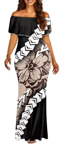 Guosanchn Black Womens Polynesian Off Shoulder Maxi Dresses Hawaiian Hibiscus Flower Plus Size Sexy Wedding Dress African Samoan Bodycon Dress, XL