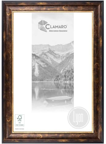 CLAMARO 'LYON' Cornice portafoto in legno massello antico 90 x 130 cm | marrone nero oro | larghezza 56 mm shabby chic vintage barocco | cornice in legno con vetro acrilico, parete posteriore, gancio