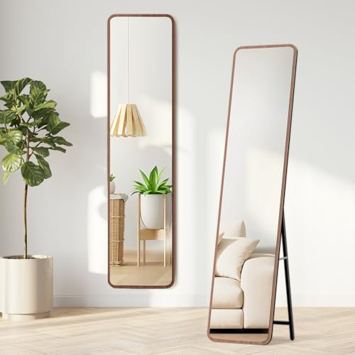 Warmiehomy 160X40cm Wooden Frame Full Length Mirror, Rectangular Standing Full Body Mirror, Hanging or Leaning Against Wall for Bedroom Cloakroom Living Room, Walnut