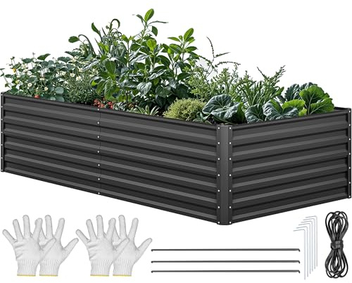YITAHOME 8x4x2ft Large Raised Garden Bed Kit, Galvanized Metal Planter Box with Gloves, Ground Nails, Support Rod & Safety Rubber, Outdoor Above Ground Planters for Plants Vegetables Flowers, Black