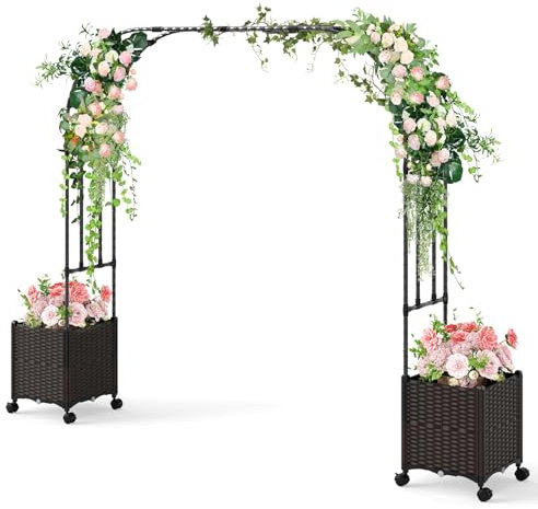 GOPLUS 202 cm Arco de Jardín con 2 Cajas de Plantas, Enrejado de Arco para Exterior con 2 Jardineras, Sistema de Auto-Riego, Ruedas con Cierre, Estructura de Metal, Pérgola Decorativa Móvil para Bodas