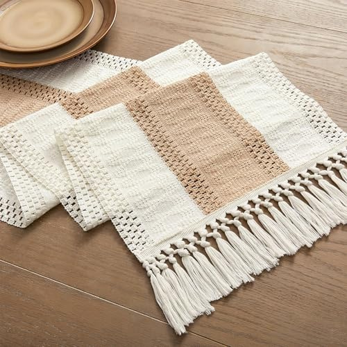 Chemin de Table Beige Creme 30 x 183cm, Chemin de Table Tissu Bohème, Chemin De Table Lin Toile de Jute Décoratif