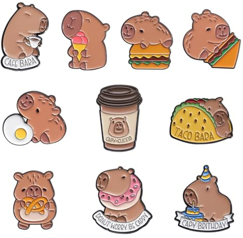 AIRTILY 10 djurmärken, söta Capybara-följare, tecknade broscher, kreativa ornament, gör-det-själv-väsktillbehör.