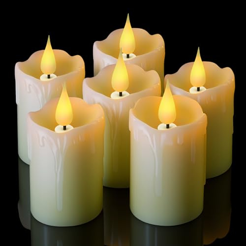 KIYTARBOO Velas LED sin llama de cera real, color blanco, 400 horas + velas de té con temporizador, llama parpadeante, 6 unidades, pilar de marfil, temporizador, velas eléctricas de cera real