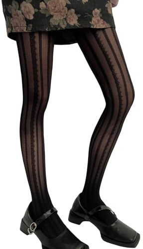Wynrzyj Donna Giapponese Verticale A Righe Pizzo Fantasia Collant Di Seta Calze Estetiche Vintage Elegante Pura Collant Leggings Attraverso Collant Di Seta Calze Vedere, Nero , Taglia unica