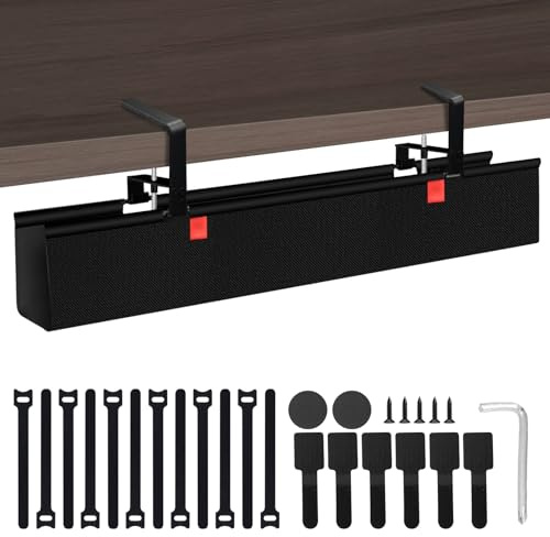 Système de Gestion de Câbles sous le Bureau, 90cm Goulotte de Câble sans Perçage pour Bureau, Installation par Serrage/Vis, Plateau de Câble Imperméable et Robuste pour Bureau et Maison, Noir