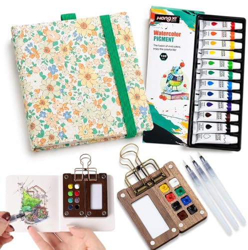 KEPYATI Mini Kit De Peinture Aquarelle De Voyage, Version Améliorée, 8 Grilles En Bois Avec Clip En Métal, 12 Couleurs Pour Artiste De Poche, Cadeau Pour Peintres, Artistes Et Étudiants (Cyan)