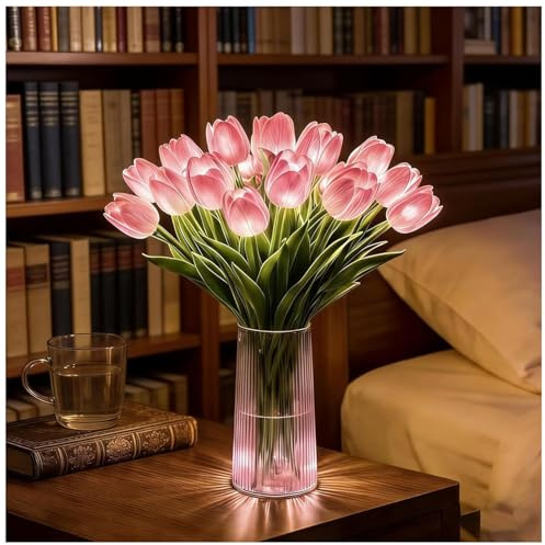 Tulipano - Lampada da tavolo a LED, a batteria, con vaso, 15 tulipani artificiali per camera da letto e soggiorno, romantica luce ambientale, regalo per donne e ragazze (rosa, vaso incluso)