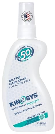 KINeSYS Fragrance Free Clear Spray Sunscreen for sensitive skin, SPF 50, Hypoallergenic, Broad Spectrum UVA/UVB protection for Face & Body; PABA and Oxybenzone FREE, 700+ Sprays, 4 Fl Oz/120 mL