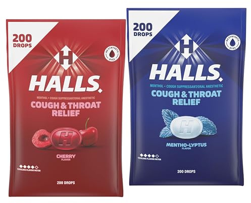 HALLS Cough and Throat Relief Cough Drops Variety Pack, Cherry and Mentho-Lyptus, 2 Bulk Packs (400 Drops Total)