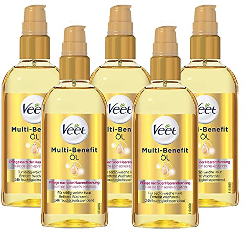 Veet Multi Benefit Öl für seidigweiche Haut die Anwendung auf dem Körper Gesicht entwickelt 24h feuchtigkeitsspendend, Transparent 5 x 100 ml