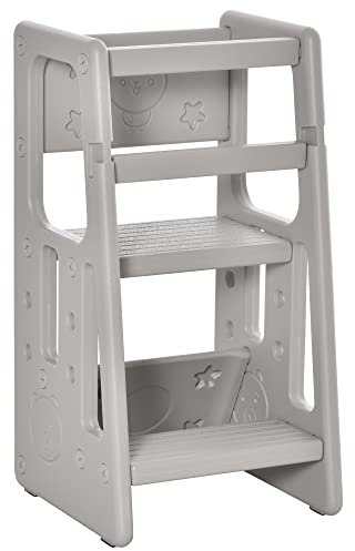 HOMCOM Kids Step Stool, Adjustable Standing Platform, Toddler Kitchen Stool, Standing Tower for Kids, Kitchen Counter with Three Adjustable Heights - Grey