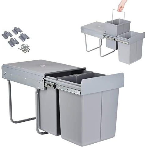 ybaymy Pull Out Kitchen Waste Bin Under Cabinet 20L + 20L Recycling Kitchen Cabinet Trash Can with Lid and Handle Waste Containers with Double Sliding Trash Can Rubbish Garbage Sorting Gray
