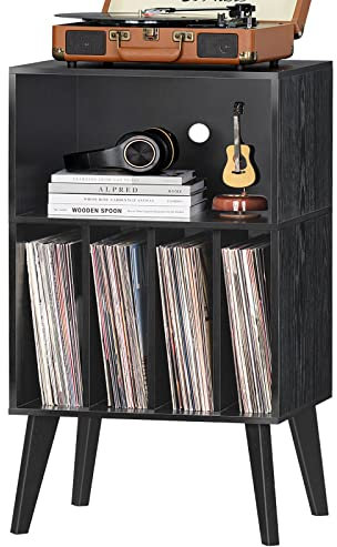 Lerliuo Soporte para Tocadiscos, Soporte Negro para Tocadiscos con Capacidad para hasta 160 álbumes, Mesa de Almacenamiento de Vinilo de Mediados de Siglo con Patas de Madera Maciza, Soporte para