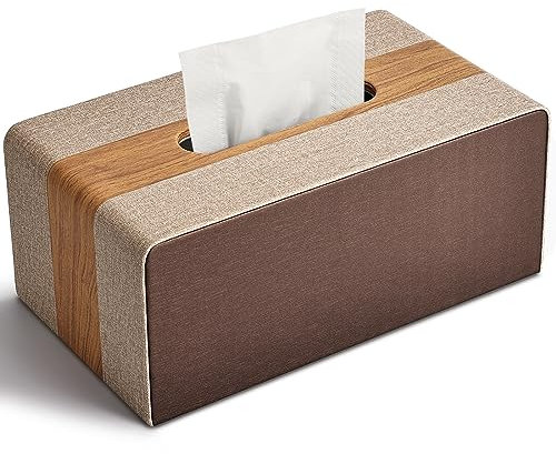 LADSTAG Kosmetiktücher Box Taschentuchbox aus PU Leder, Tücherbox Taschentücher Box Spender Tissue Cover Rechteckige, B×T×H: 25 × 13,7 × 9,4 cm (Holzkorn + Braun)
