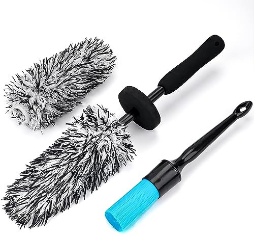 Microfiber Wheel Cleaning Brush with Car Detailing Brush, Flat and Scratch Free Tire Cleaner Brush Tool Kit for Auto Truck Motorcycle Wheel Barrel Spoked Rims Wash