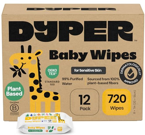 DYPER Toallitas a base de plantas para niños pequeños y bebés, mezcla de viscosa y lyocel, hipoalergénicas para pieles sensibles, sin perfume, 99% toallitas a base de agua para cara y manos, 720