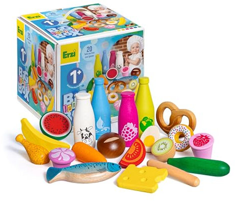 Erzi 28026 Sortierung Big Box Junior aus Holz, Kinderküche, Kaufladenartikel für Kinder, Rollenspiele