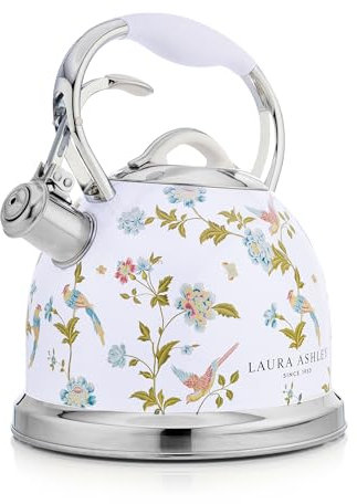 Laura Ashley Elveden White Stainless Steel 2.5L Stove Top Kettle. Fast Boil Whistling Kettle for Gas Hob, Induction Hob. Silicon Coated Cool Handle Gas Stove Camping Kettle. Compatible with Aga Stove