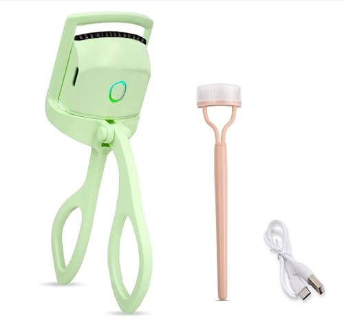 Piegaciglia Riscaldato, Arricciaciglia Elettrico Ciglia Riscaldato Clip Bigodino, Piegaciglia Riscaldante Ricaricabile USB-C con Pettine, 2 Modalità e Sensing Pads Riscaldati in Silicone (Verde)
