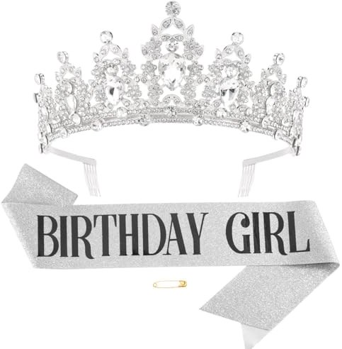 D'anniversaire Écharpe et Diadème, Anniversaire Fille Couronne avec Ceinture,Cristal Bandeau Décor Paillettes Birthday Girl écharpe Princesse Diadème Décorations d'anniversaire pour femme