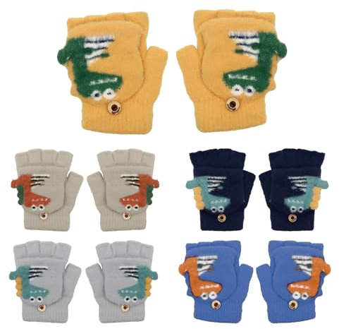 VEGCOO 5 Pairs Convertible Fingerless Gloves Kids, Fluffy Warm Mittens Boy Girl, Cartoon Flip Top Winter Gloves, Christmas Kid Gifts