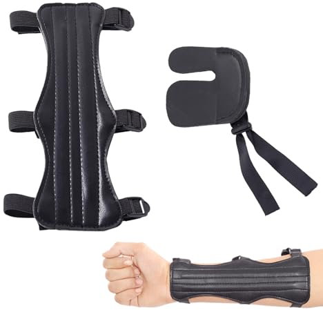 2 Stück Bogenschießen Armschutz Set, Traditioneller Armschutz Kurz, Unterarmschutz mit Clip, Verstellbare Fingerhandschuhe für sicheren Schutz beim Bogensport, Anfänger, Fortgeschrittene