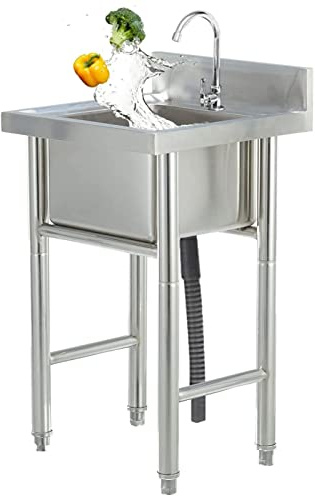 304 Stainless Steel Commercial Sink, 1 Compartment Free Standing Kitchen Sink Single Bowl Commercial Restaurant Utility Sink Reinforced Stand Simple Outdoor Sink for Garage Laundry