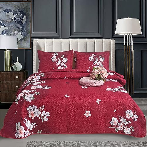 CHARKHAH 3 Piece Reversible Quilted Bedspread Set Lightweight Microfiber Patchwork Floral Quilt with 2 Pillow Shams – 30 Stylish Designs Ideal for Double & King Size Beds 220x240cm (Red Rosy)