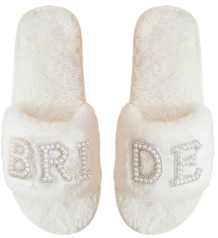 AffeGifts brudtofflor, gåvor mjuka brud, tofflor med vita pärlor, halkfria bröllopstofflor med 12 mm sulor