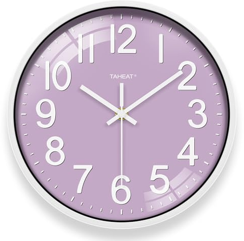 TAHEAT 12 Inch Purple Wall Clock for Bedroom, Large Silent Bedroom Clock | Big numbers make this 12 inch bedroom wall clock easy to read. A silent kids wall clock to fit purple bedroom accessories.