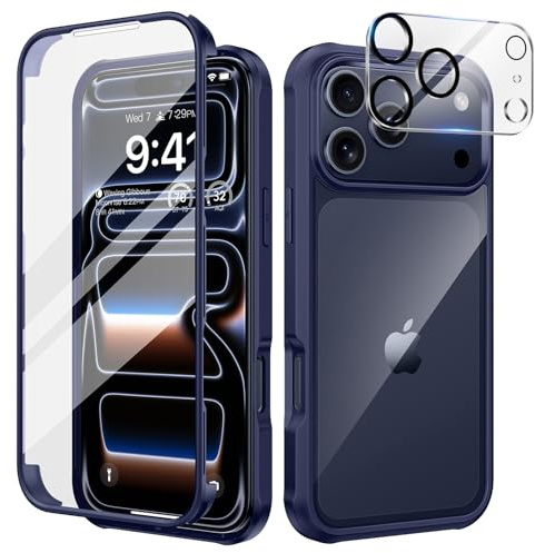 seacosmo för iPhone 17 Pro Mobilskal, [9H HD] Integrerat Skärmglas och Linsskydd, 360 Grader Stöttåligt Fodral, Stötdämpande Skal för iPhone 17 Pro, Blå