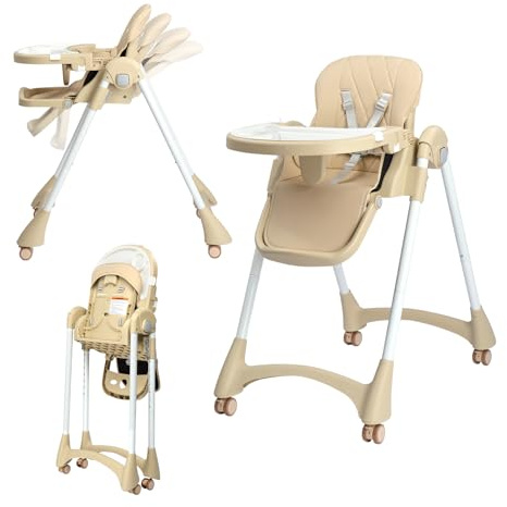 Bonnlo Baby Hochstuhl 7-fach Höhenverstellbar mit Doppeltablett, Kinderhochstuhl ab 6 Monate für Essen, Multifunktionaler Babystuhl, Beige