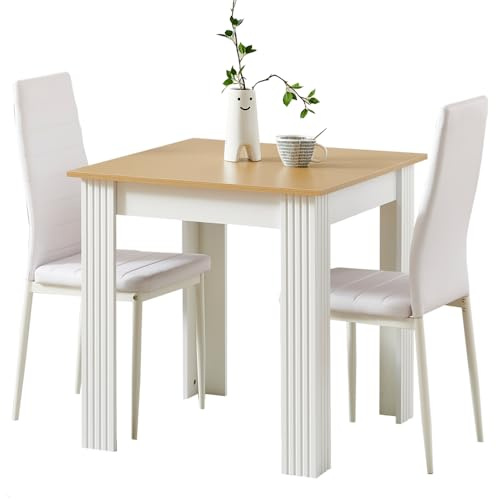 Rainbow Tree Modern 3 Piece Dining Room Table and Chairs Set, Wooden Square Table with 2 Chairs for Small Space Apartment Space Saving (White+Oak Top Table+2 White Leather Chair)